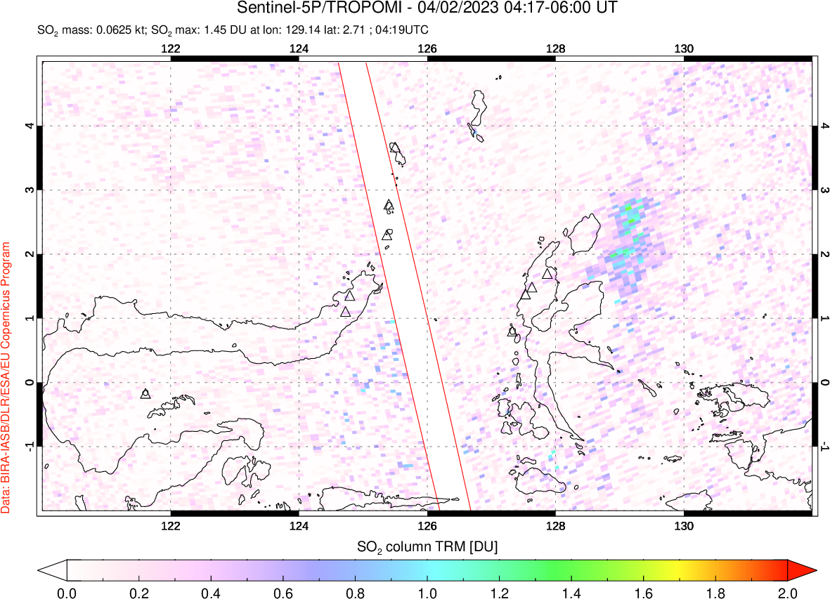 A sulfur dioxide image over Northern Sulawesi & Halmahera, Indonesia on Apr 02, 2023.