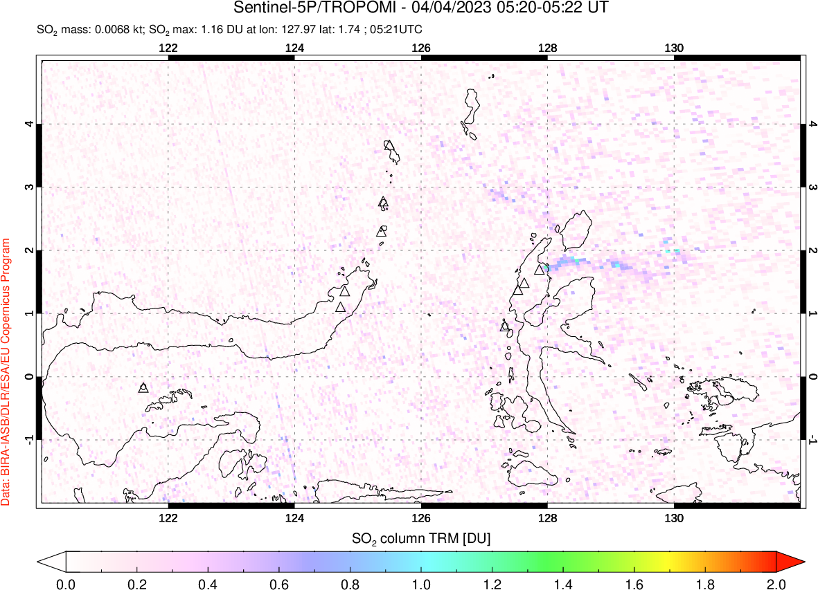 A sulfur dioxide image over Northern Sulawesi & Halmahera, Indonesia on Apr 04, 2023.