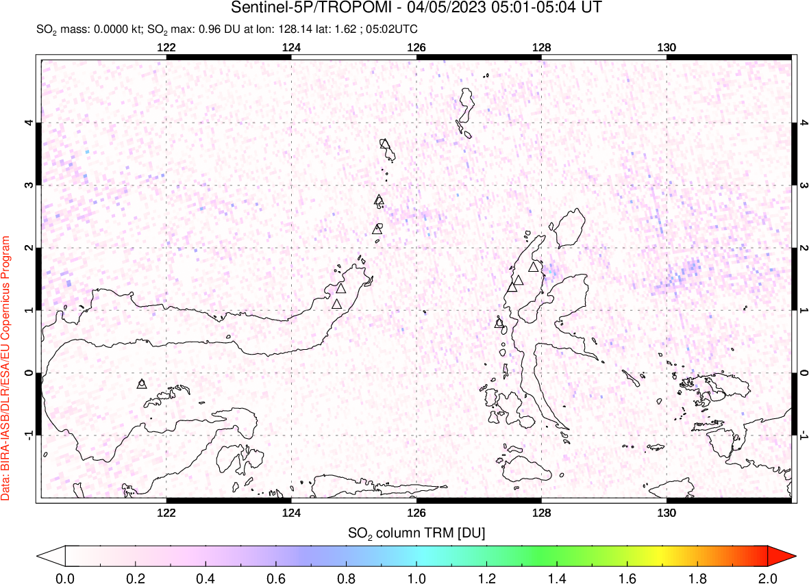 A sulfur dioxide image over Northern Sulawesi & Halmahera, Indonesia on Apr 05, 2023.