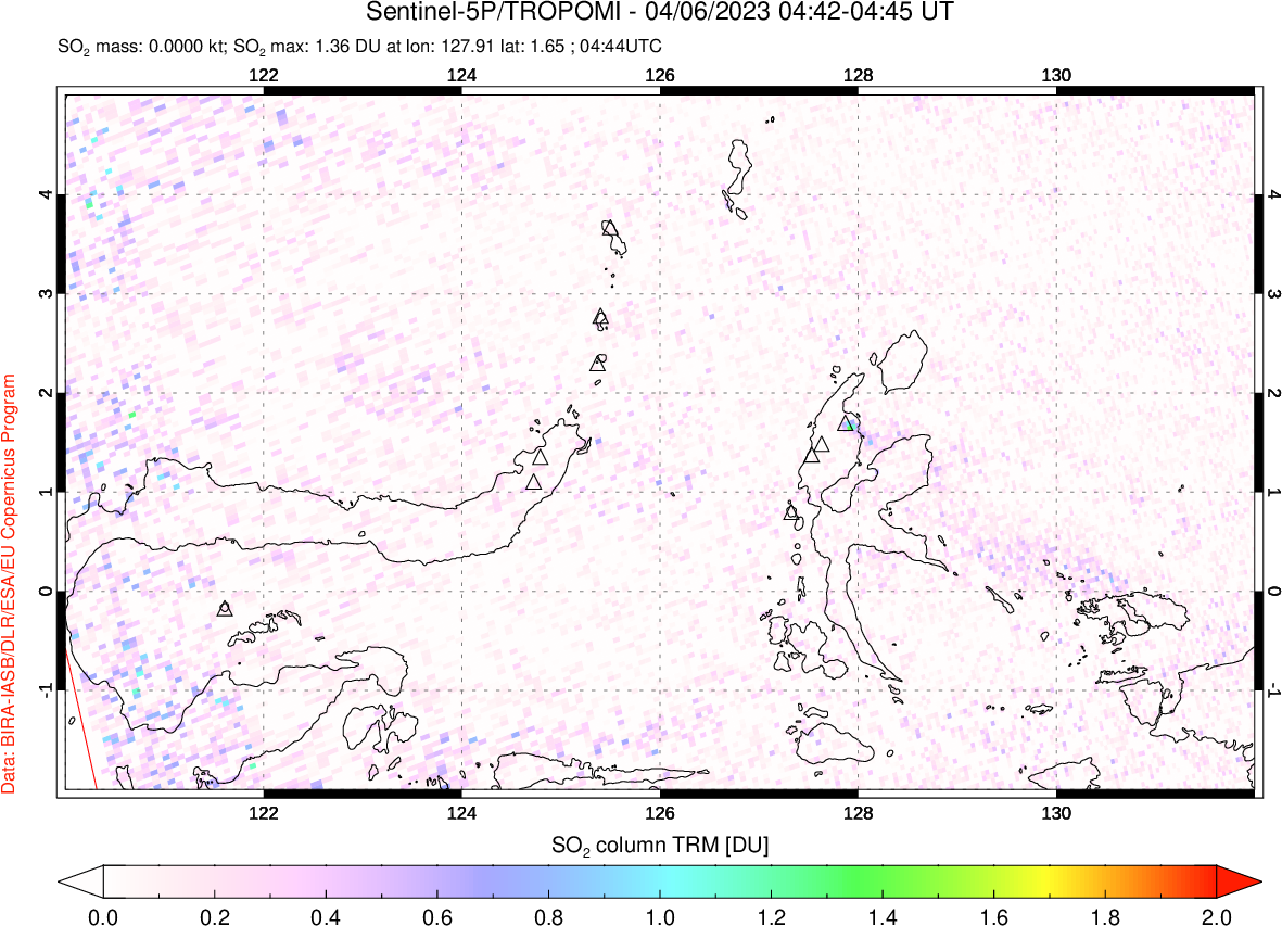 A sulfur dioxide image over Northern Sulawesi & Halmahera, Indonesia on Apr 06, 2023.