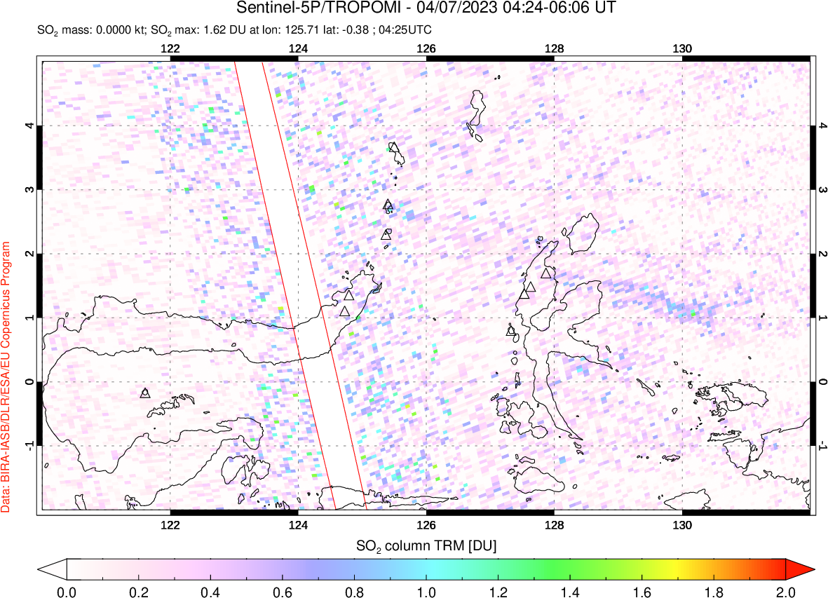 A sulfur dioxide image over Northern Sulawesi & Halmahera, Indonesia on Apr 07, 2023.