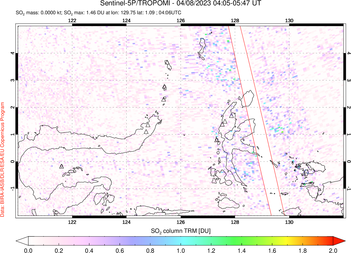 A sulfur dioxide image over Northern Sulawesi & Halmahera, Indonesia on Apr 08, 2023.
