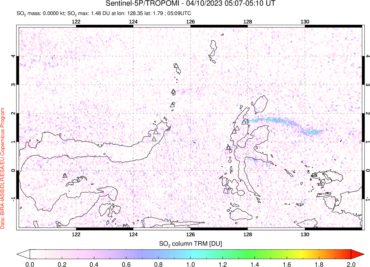 A sulfur dioxide image over Northern Sulawesi & Halmahera, Indonesia on Apr 10, 2023.