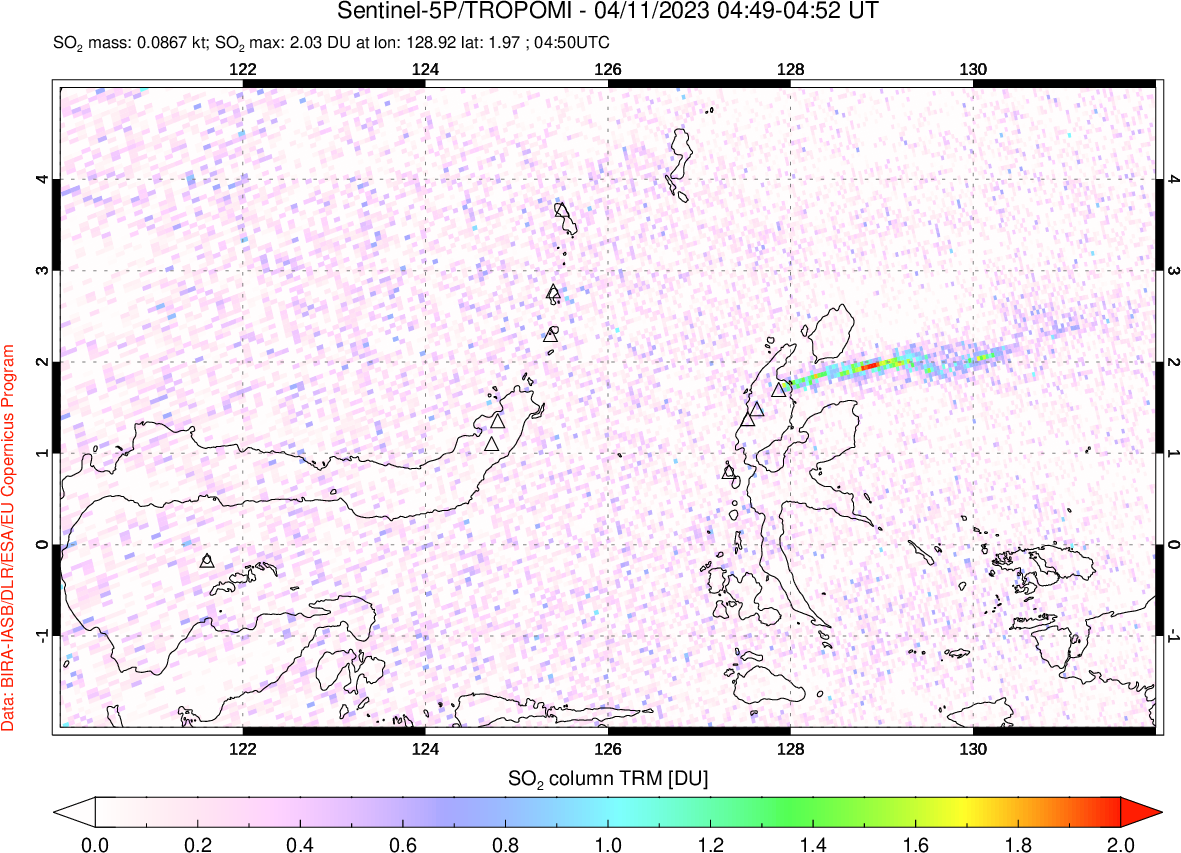 A sulfur dioxide image over Northern Sulawesi & Halmahera, Indonesia on Apr 11, 2023.