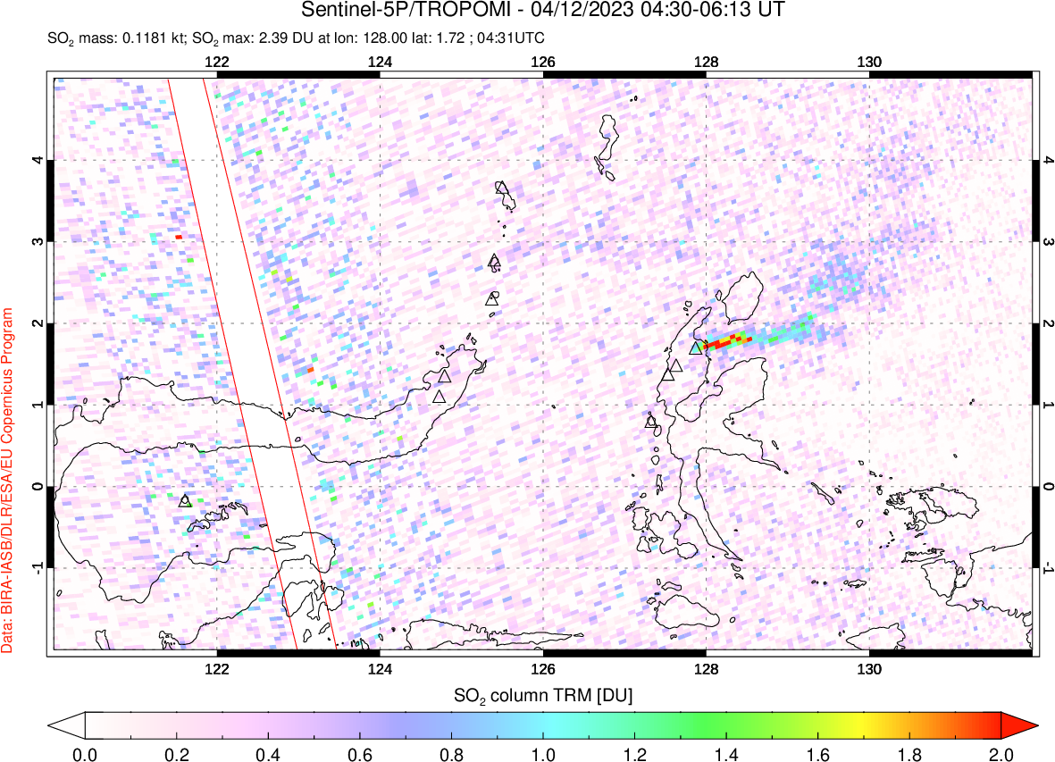 A sulfur dioxide image over Northern Sulawesi & Halmahera, Indonesia on Apr 12, 2023.