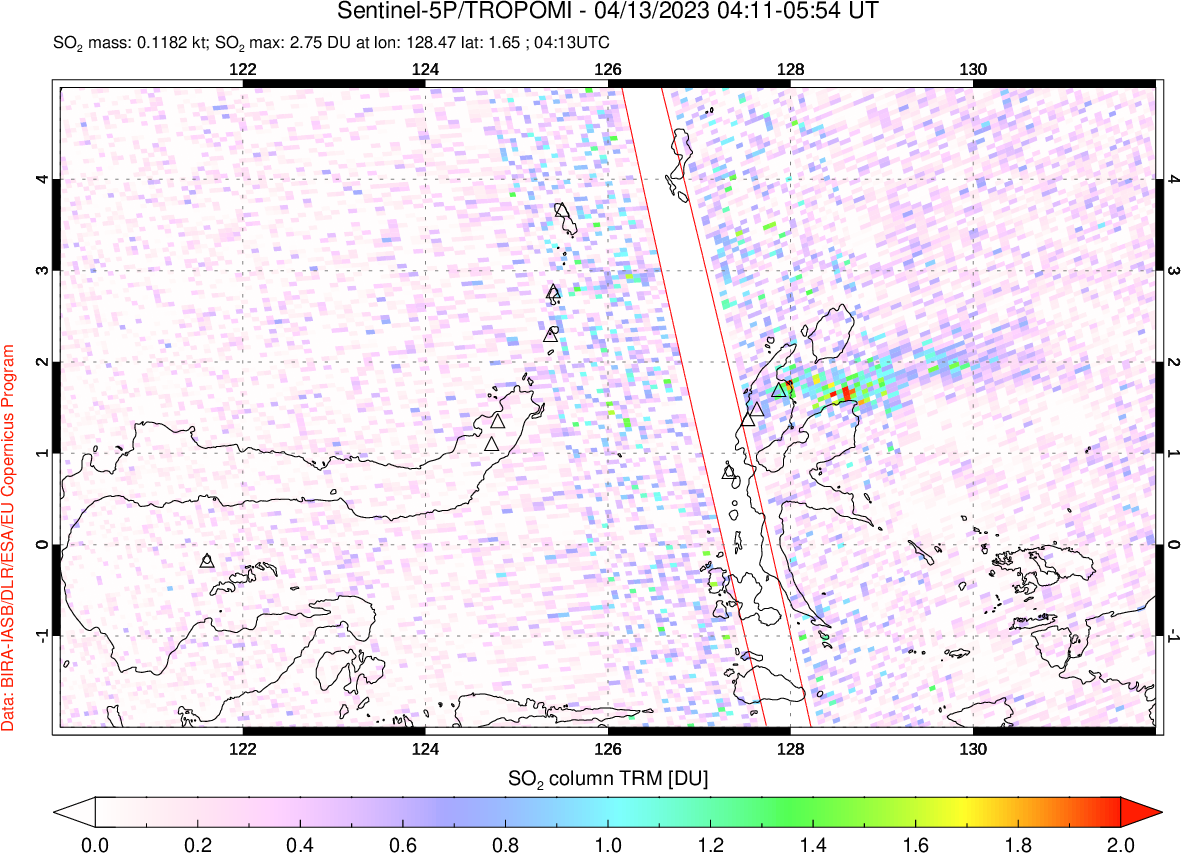 A sulfur dioxide image over Northern Sulawesi & Halmahera, Indonesia on Apr 13, 2023.