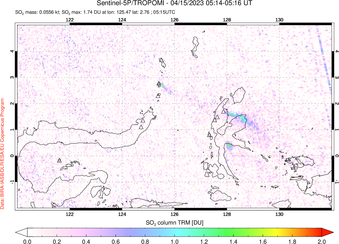A sulfur dioxide image over Northern Sulawesi & Halmahera, Indonesia on Apr 15, 2023.