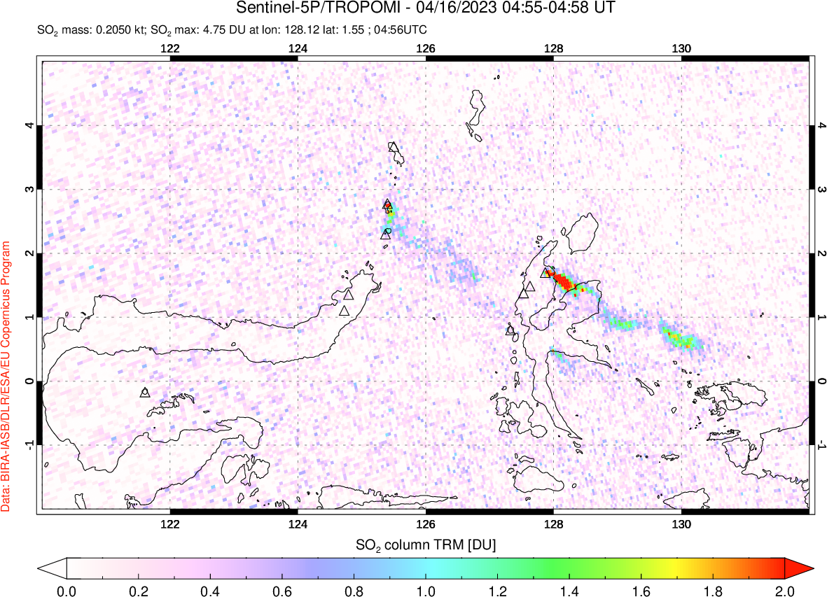 A sulfur dioxide image over Northern Sulawesi & Halmahera, Indonesia on Apr 16, 2023.