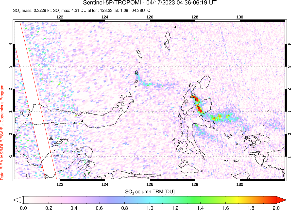 A sulfur dioxide image over Northern Sulawesi & Halmahera, Indonesia on Apr 17, 2023.