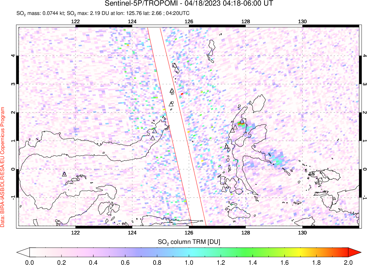A sulfur dioxide image over Northern Sulawesi & Halmahera, Indonesia on Apr 18, 2023.