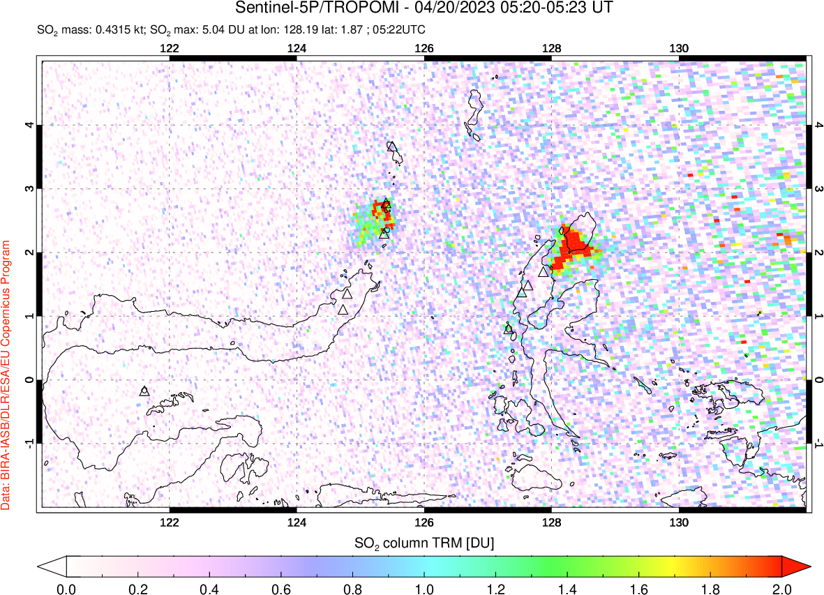 A sulfur dioxide image over Northern Sulawesi & Halmahera, Indonesia on Apr 20, 2023.