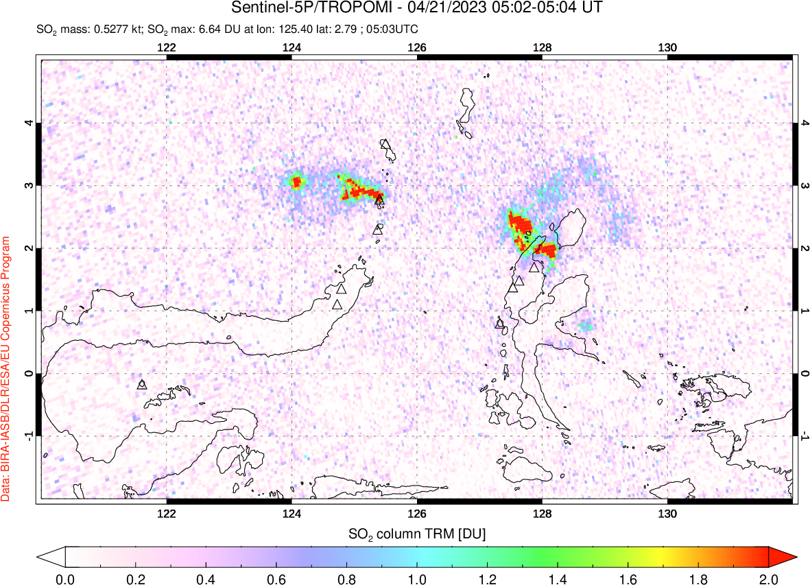 A sulfur dioxide image over Northern Sulawesi & Halmahera, Indonesia on Apr 21, 2023.