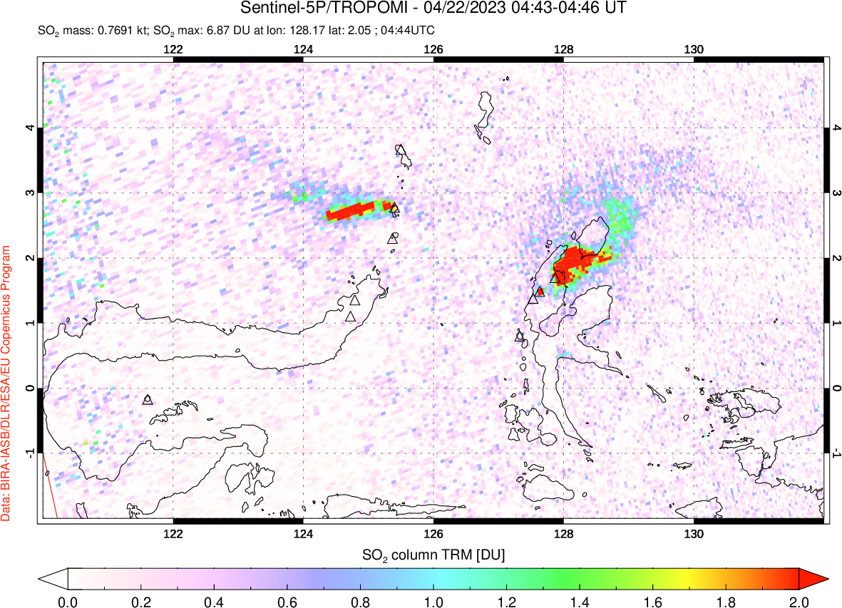 A sulfur dioxide image over Northern Sulawesi & Halmahera, Indonesia on Apr 22, 2023.