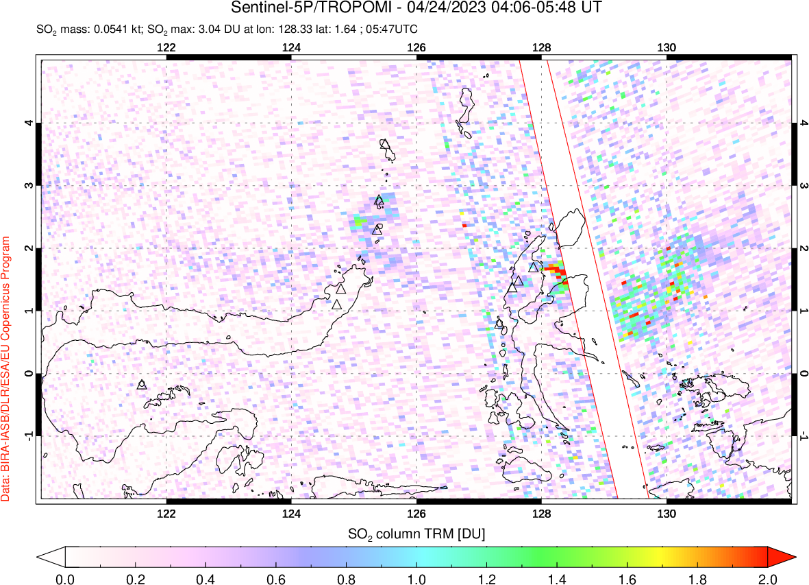 A sulfur dioxide image over Northern Sulawesi & Halmahera, Indonesia on Apr 24, 2023.