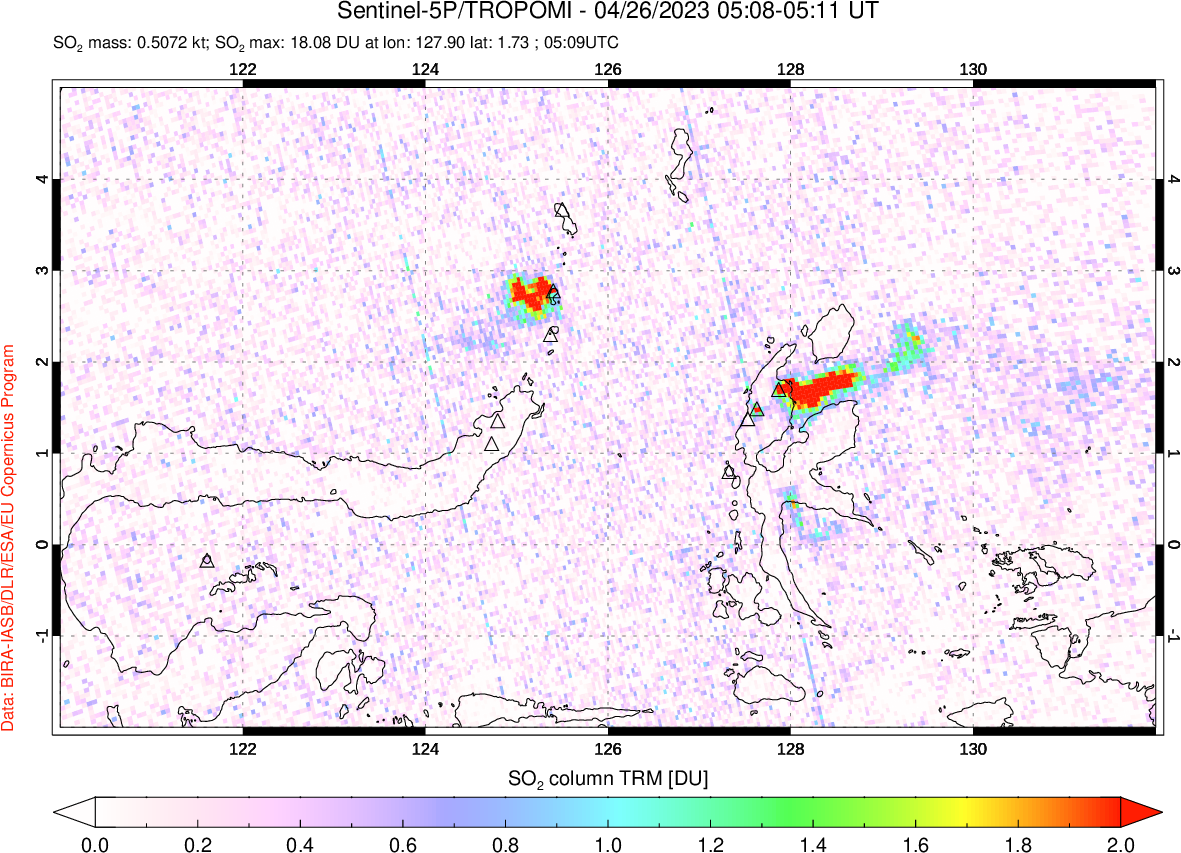 A sulfur dioxide image over Northern Sulawesi & Halmahera, Indonesia on Apr 26, 2023.