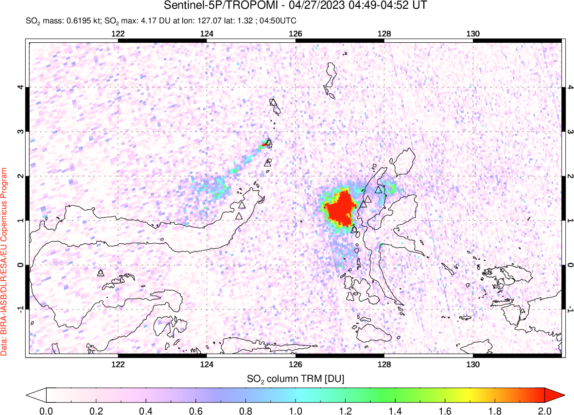 A sulfur dioxide image over Northern Sulawesi & Halmahera, Indonesia on Apr 27, 2023.