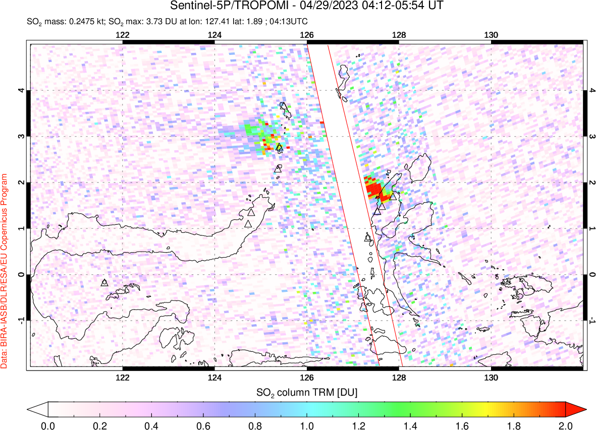 A sulfur dioxide image over Northern Sulawesi & Halmahera, Indonesia on Apr 29, 2023.