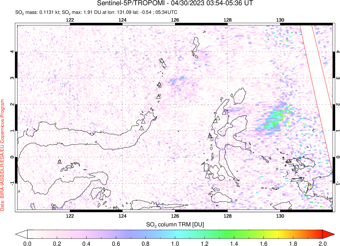 A sulfur dioxide image over Northern Sulawesi & Halmahera, Indonesia on Apr 30, 2023.