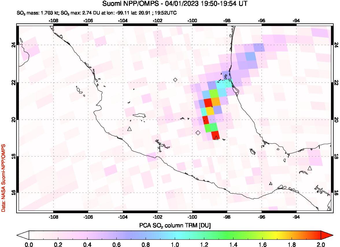 A sulfur dioxide image over Mexico on Apr 01, 2023.