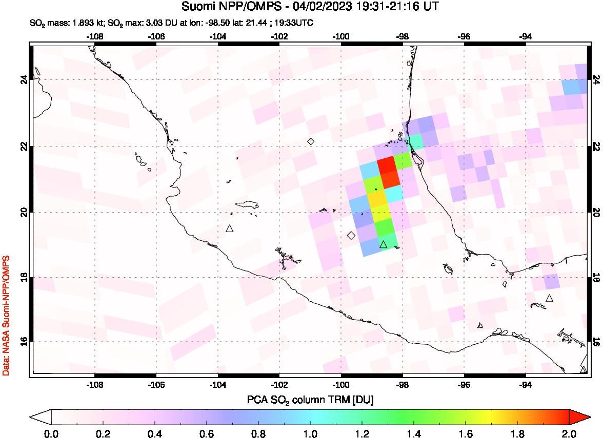 A sulfur dioxide image over Mexico on Apr 02, 2023.