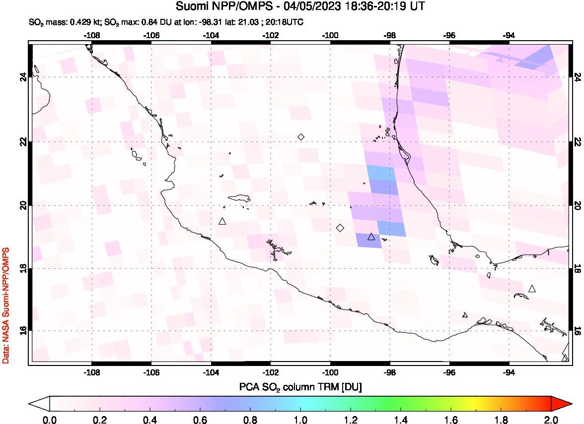 A sulfur dioxide image over Mexico on Apr 05, 2023.