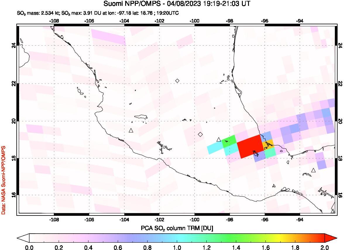 A sulfur dioxide image over Mexico on Apr 08, 2023.