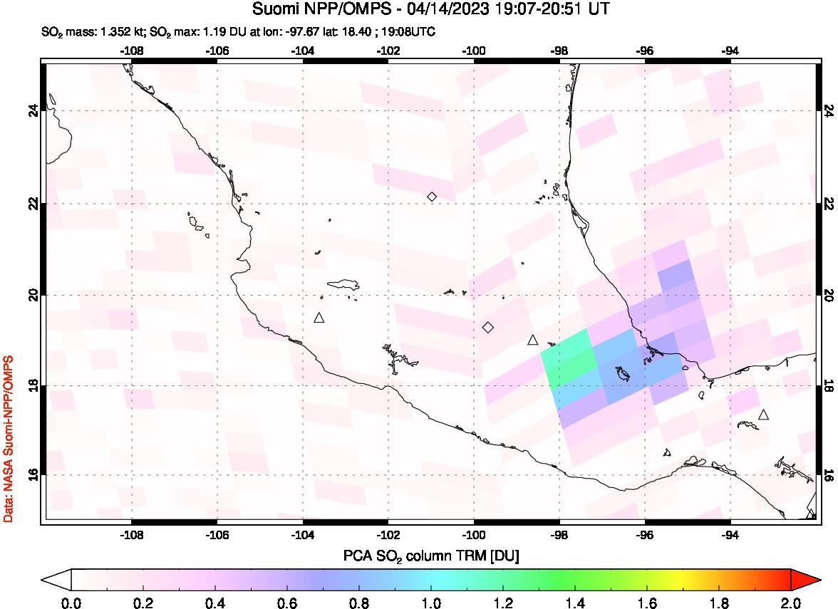A sulfur dioxide image over Mexico on Apr 14, 2023.