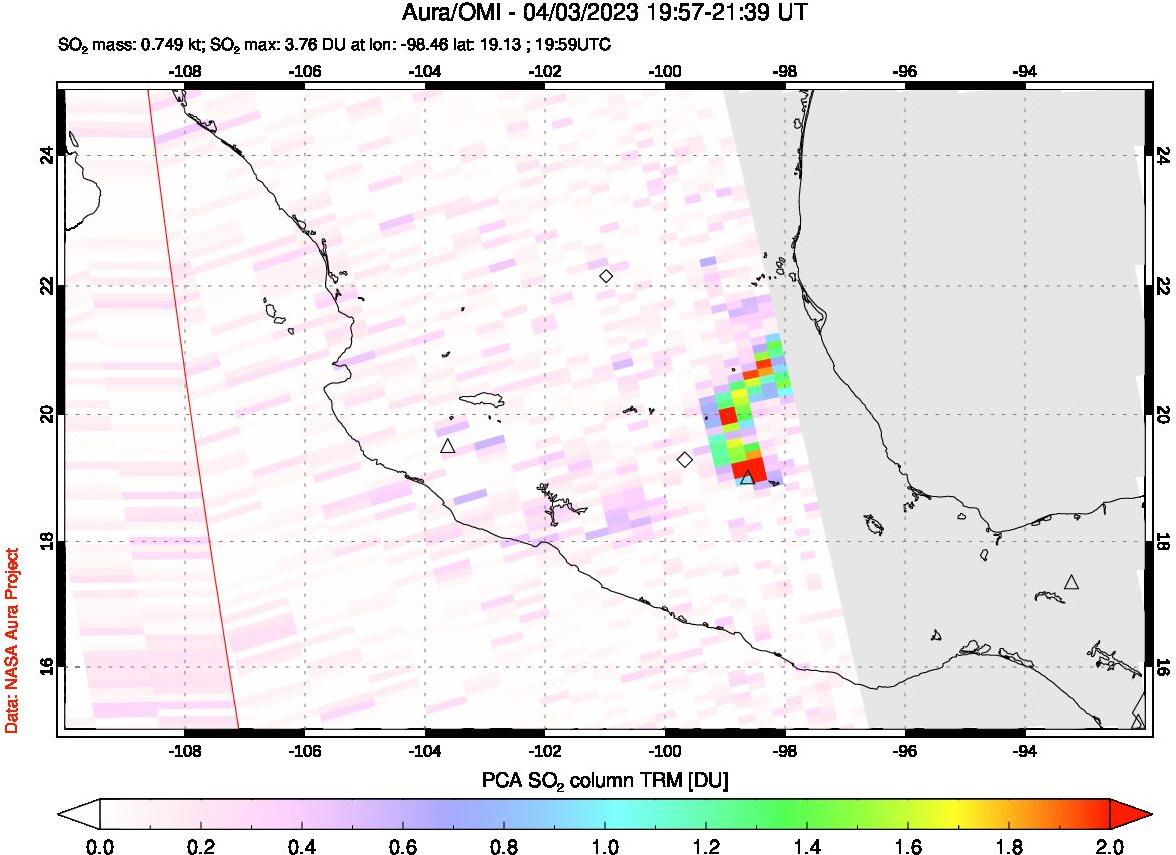 A sulfur dioxide image over Mexico on Apr 03, 2023.