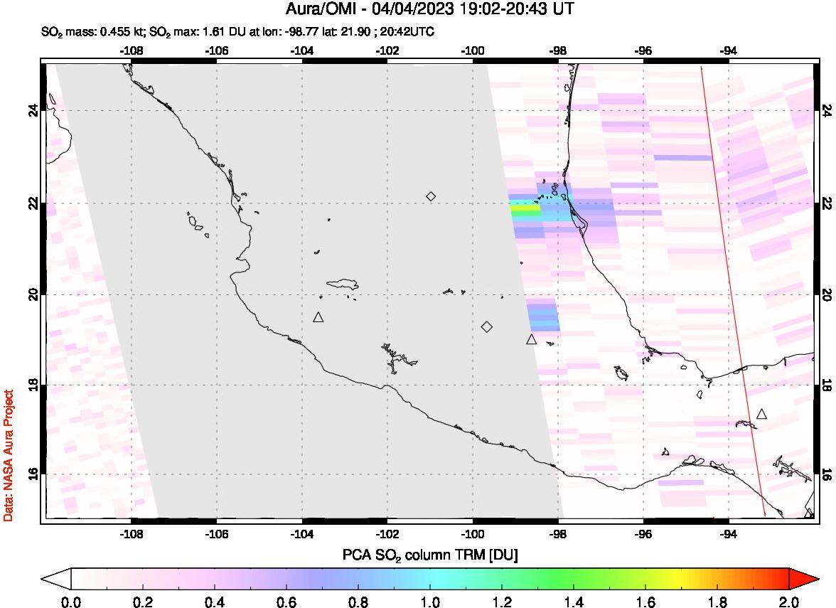 A sulfur dioxide image over Mexico on Apr 04, 2023.