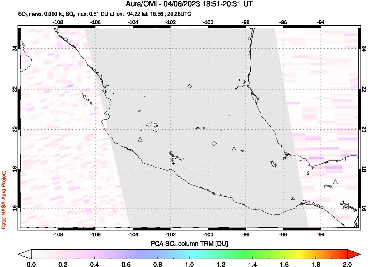 A sulfur dioxide image over Mexico on Apr 06, 2023.