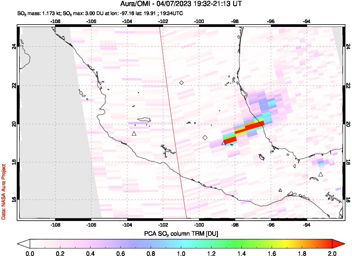 A sulfur dioxide image over Mexico on Apr 07, 2023.