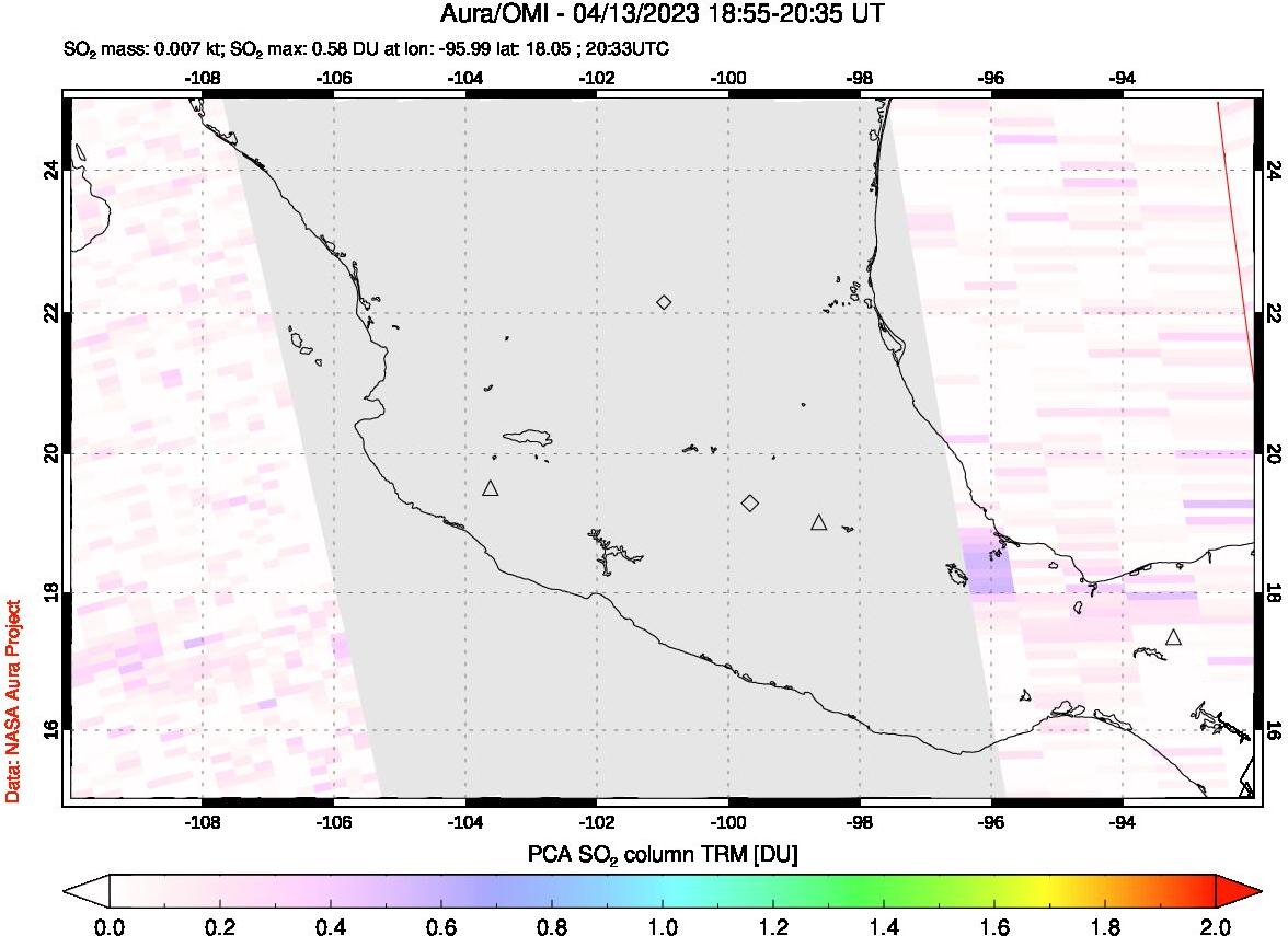 A sulfur dioxide image over Mexico on Apr 13, 2023.