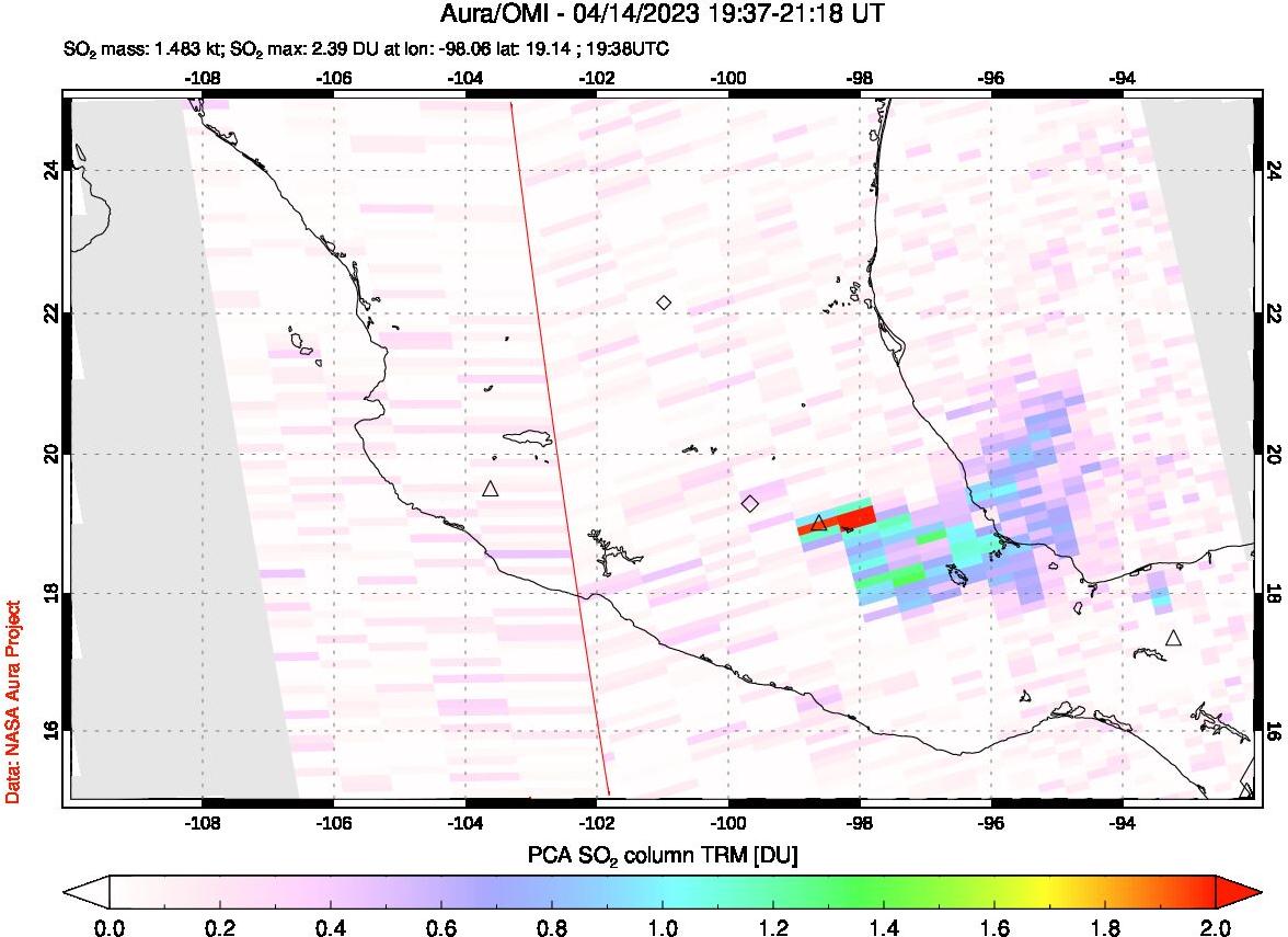 A sulfur dioxide image over Mexico on Apr 14, 2023.