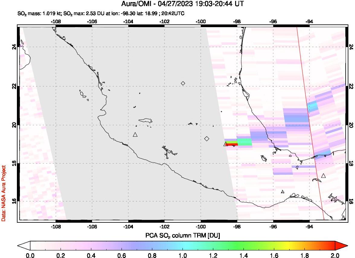 A sulfur dioxide image over Mexico on Apr 27, 2023.