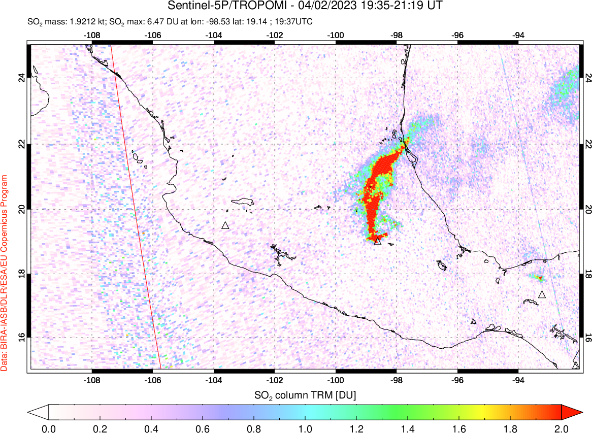 A sulfur dioxide image over Mexico on Apr 02, 2023.