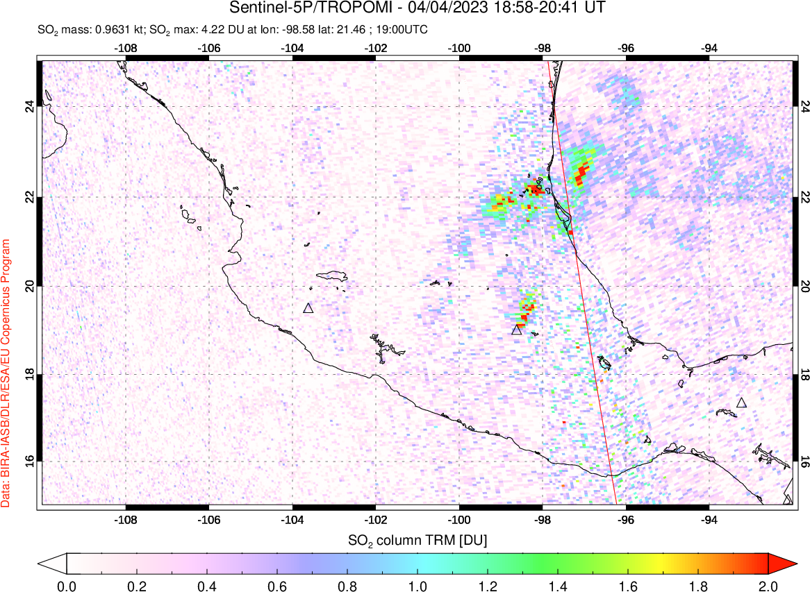 A sulfur dioxide image over Mexico on Apr 04, 2023.
