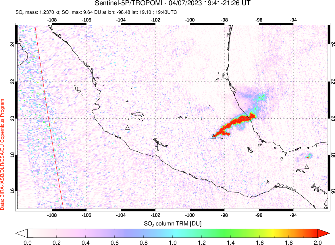 A sulfur dioxide image over Mexico on Apr 07, 2023.