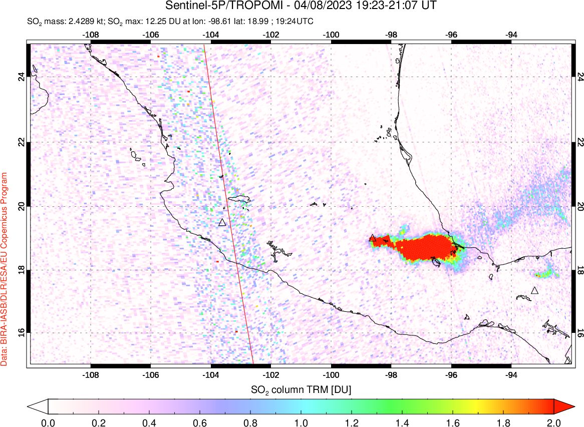 A sulfur dioxide image over Mexico on Apr 08, 2023.