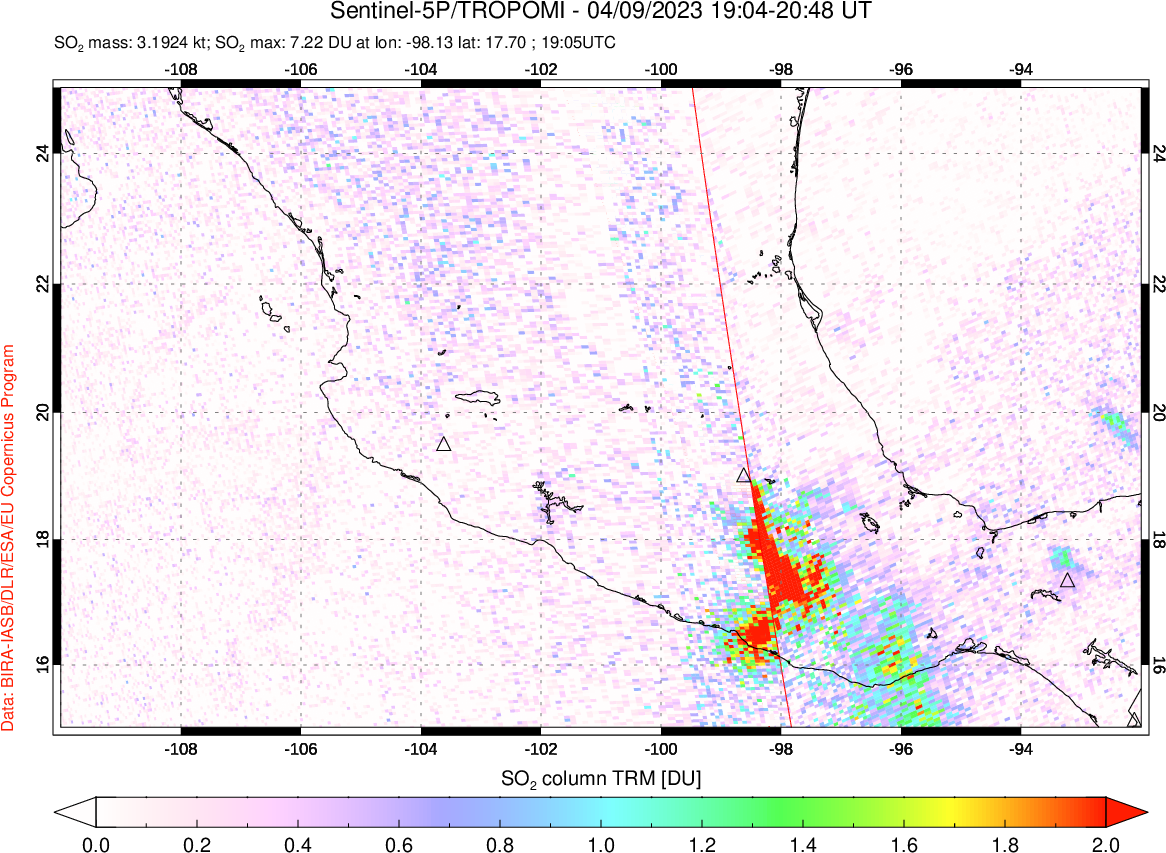 A sulfur dioxide image over Mexico on Apr 09, 2023.