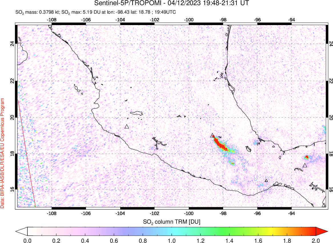 A sulfur dioxide image over Mexico on Apr 12, 2023.