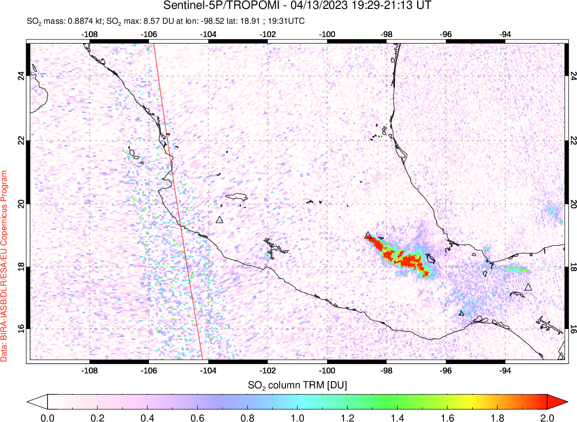 A sulfur dioxide image over Mexico on Apr 13, 2023.