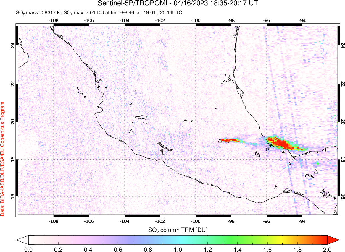 A sulfur dioxide image over Mexico on Apr 16, 2023.