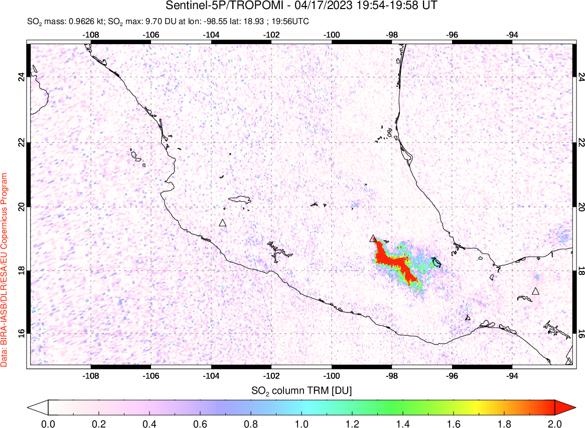 A sulfur dioxide image over Mexico on Apr 17, 2023.