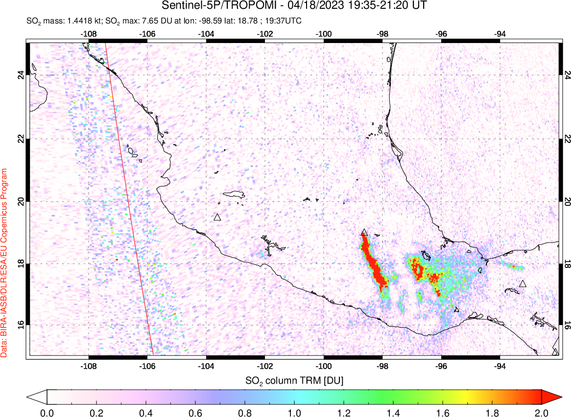 A sulfur dioxide image over Mexico on Apr 18, 2023.