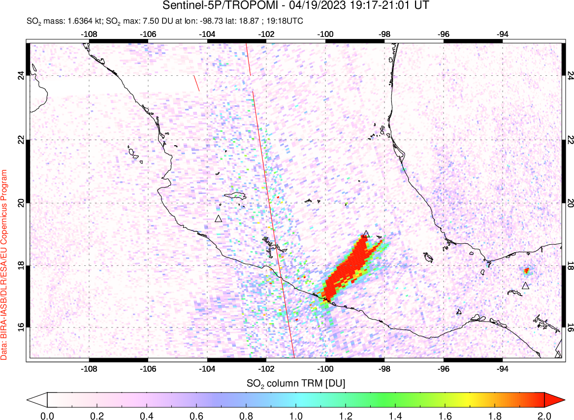 A sulfur dioxide image over Mexico on Apr 19, 2023.