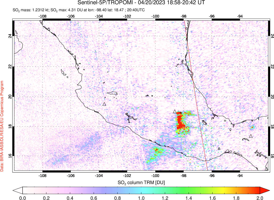 A sulfur dioxide image over Mexico on Apr 20, 2023.