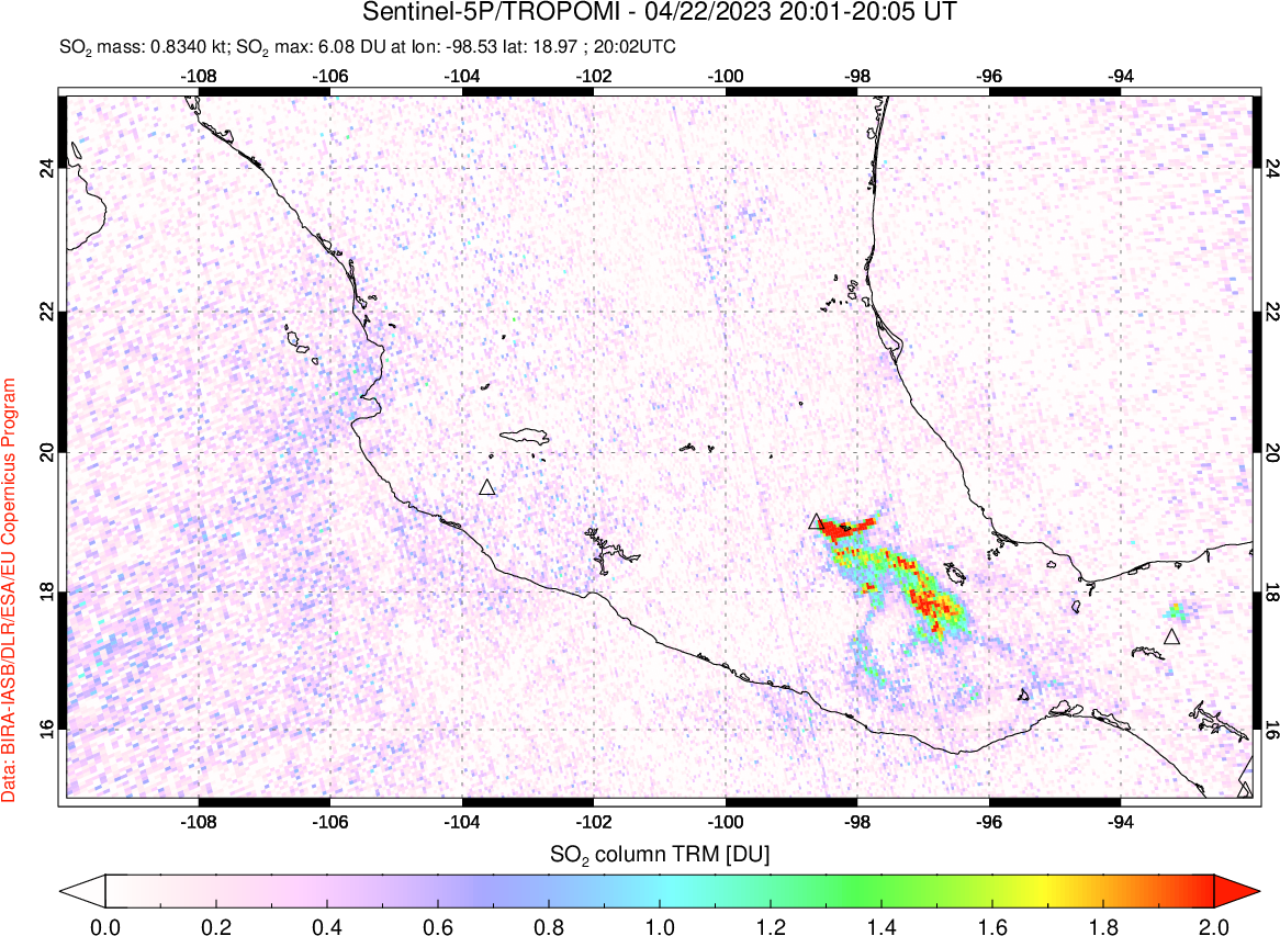 A sulfur dioxide image over Mexico on Apr 22, 2023.