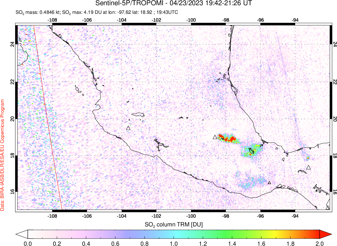 A sulfur dioxide image over Mexico on Apr 23, 2023.