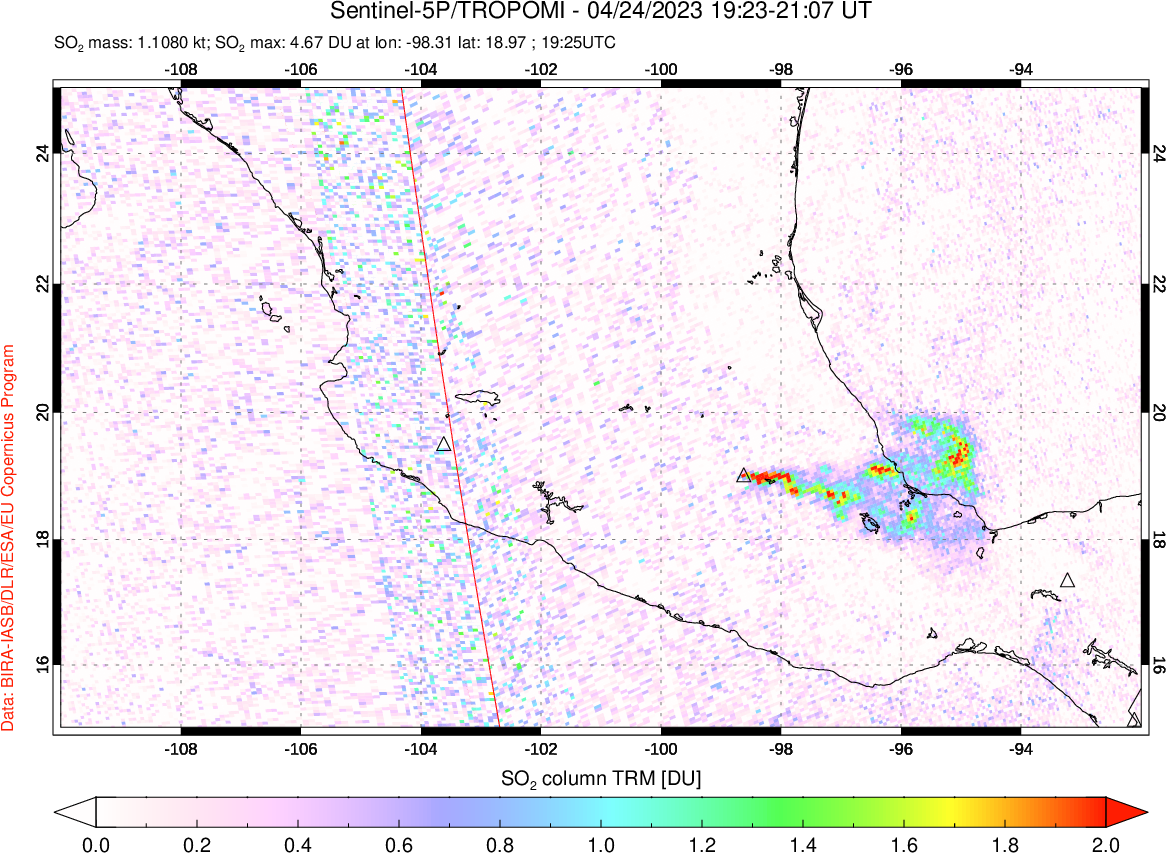 A sulfur dioxide image over Mexico on Apr 24, 2023.