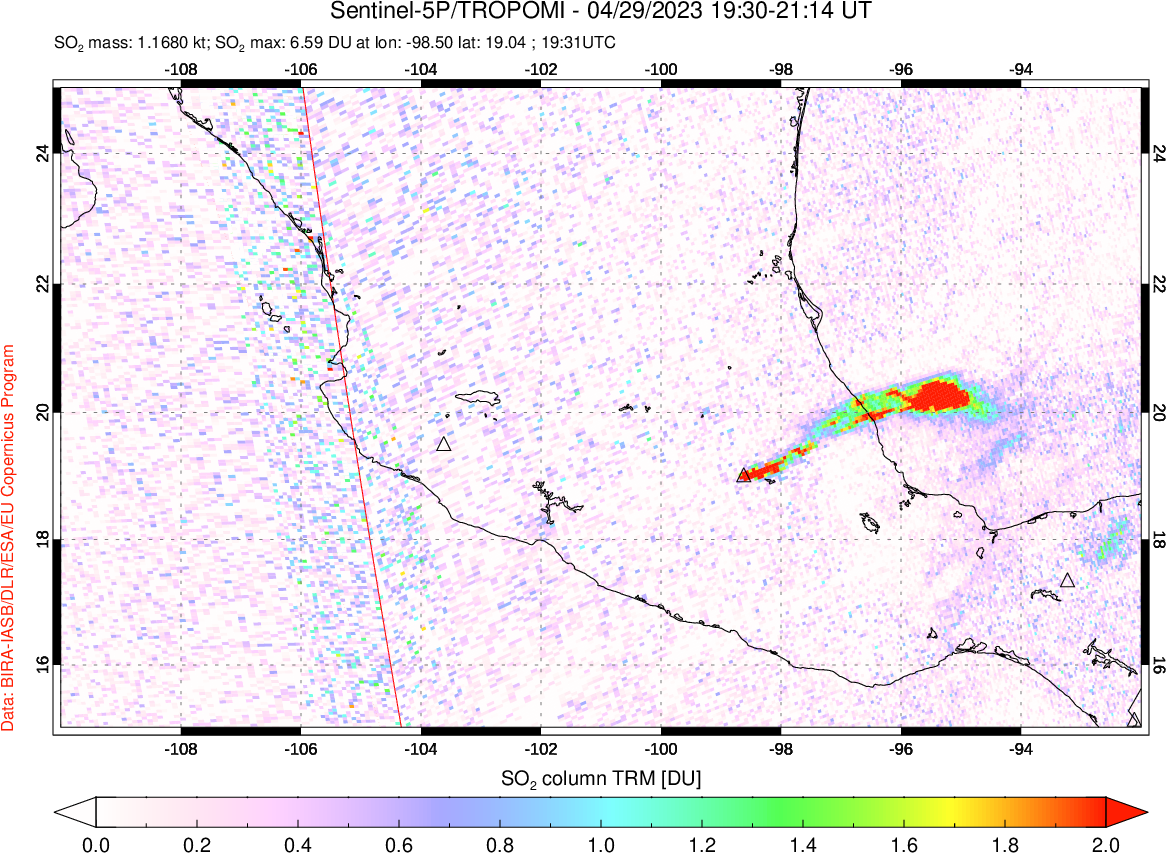 A sulfur dioxide image over Mexico on Apr 29, 2023.